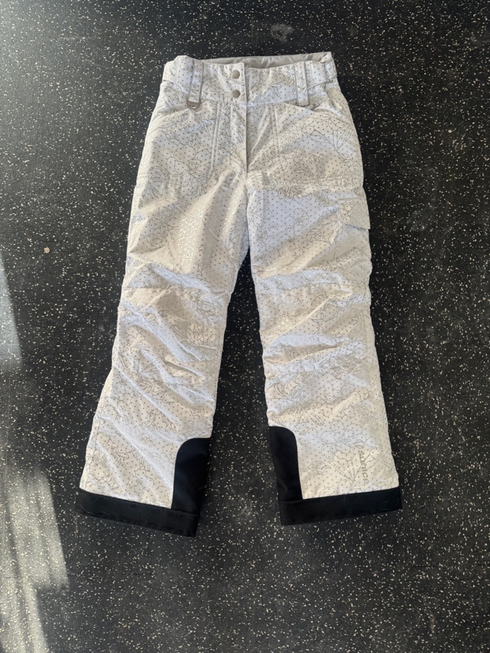 Sunice White Patterned Kids Snow Pants with Black Cuffs